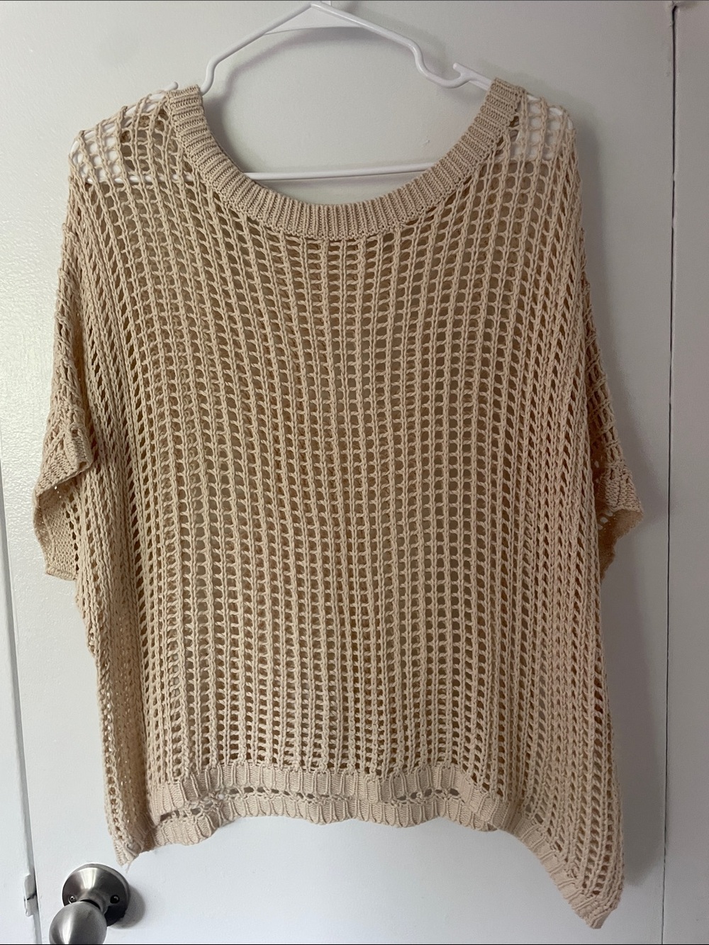 Beige Open-Knit Short Sleeve Sweater Top